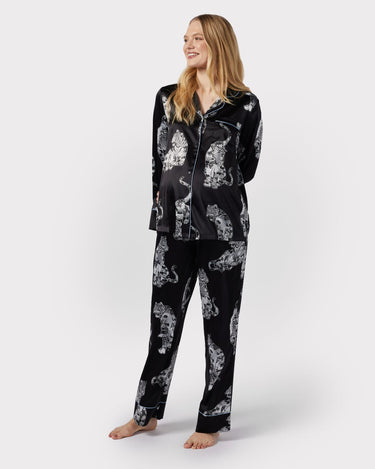Maternity Satin Lotus Tiger Print Long Pyjama Set - Black